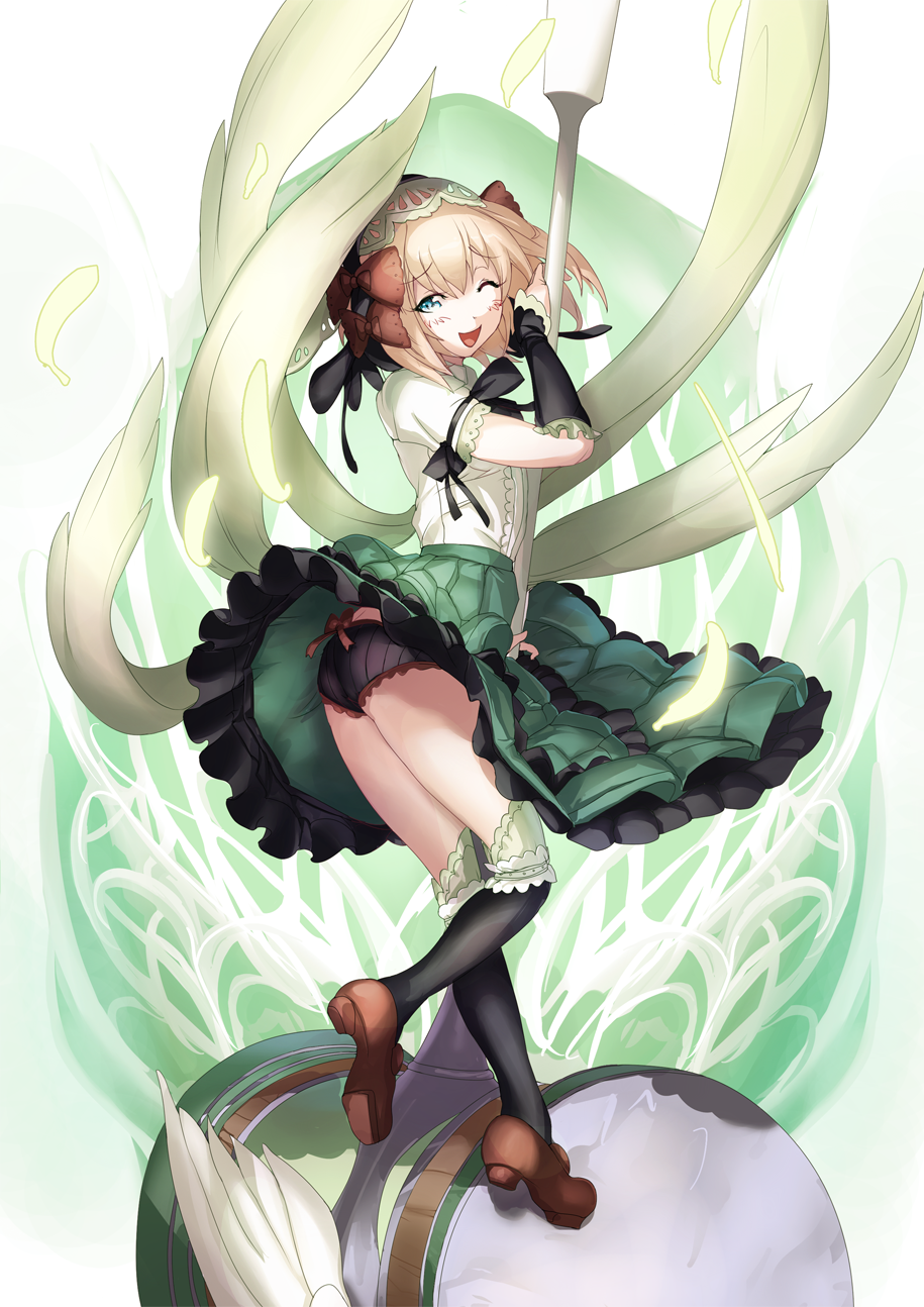 1girl ;d ass blonde_hair bow bow_panties detached_sleeves ere_(2516325) frilled_skirt frills gothic_wa_mahou_otome green_eyes green_skirt hairband hammer highres lolita_hairband long_skirt looking_back one_eye_closed open_mouth oversized_object panties petals pinstripe_pattern short_hair skirt smile solo souffle_(gothic_wa_mahou_otome) thigh-highs underwear wind_lift