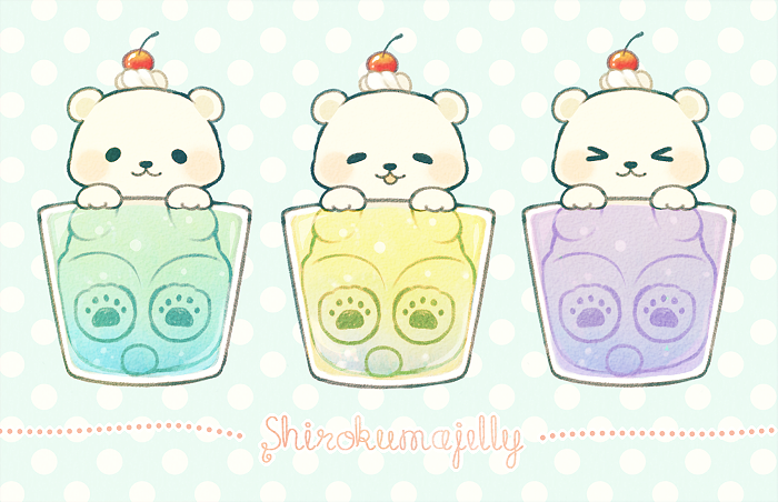 &gt;_&lt; ayu_(mog) bear black_eyes cherry closed_eyes drinking_glass food fruit in_food jelly looking_at_viewer no_humans original polar_bear polka_dot polka_dot_background romaji whipped_cream