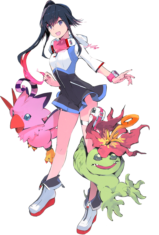 1girl black_dress black_hair blue_eyes boots claws creature digimon digimon_world_-next_0rder- dress flower flower_on_head goggles goggles_around_neck green_eyes multicolored_dress multicolored_hair official_art open_mouth palmon pink_wristband piyomon ponytail pouch shiki_(digimon_world_-next_0rder-) short_dress simple_background smile streaked_hair taiki_(luster) teeth tongue violet_eyes white_background white_boots white_dress wristband