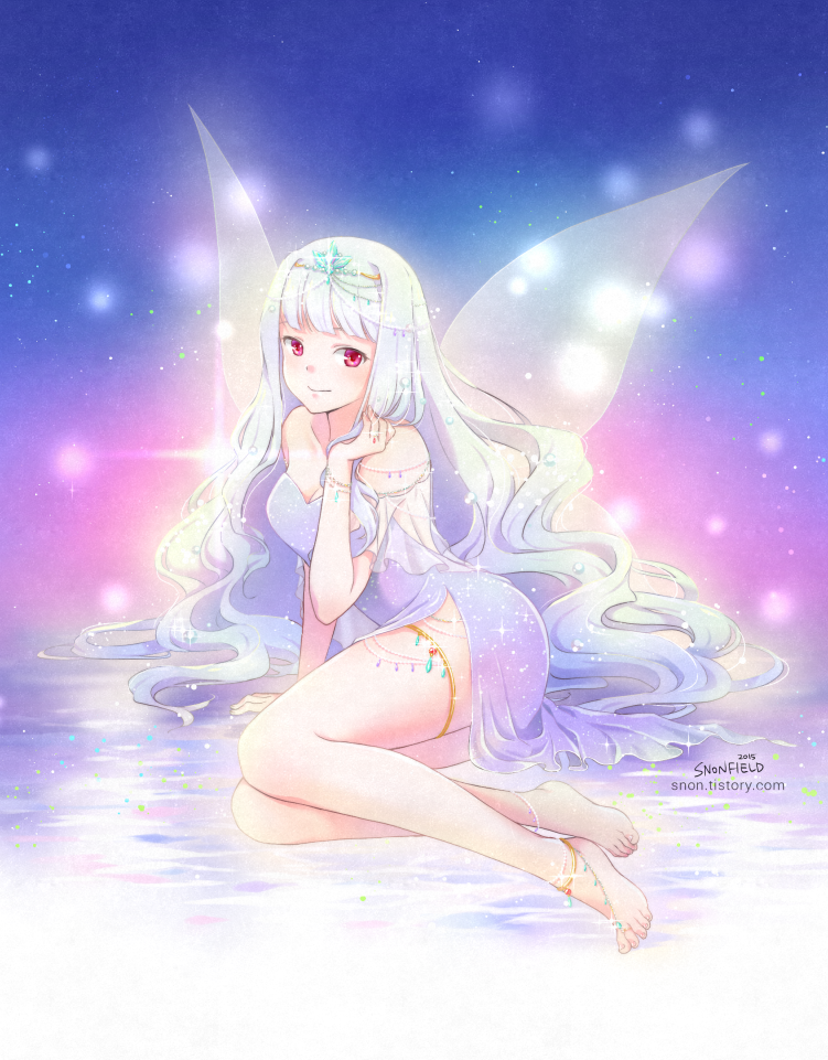 1girl anklet arm_support bare_shoulders barefoot barefoot_sandals blue_hair dress feet headdress insect_wings jewelry legs long_hair red_eyes sitting smile snonfield solo toes very_long_hair wings