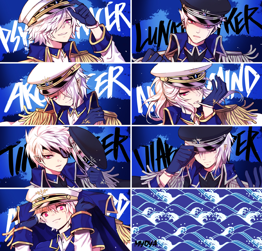 6+boys add_(elsword) adjusting_clothes adjusting_hat arc_tracer_(elsword) black_sclera blue_background blue_gloves diabolic_esper_(elsword) elsword epaulettes eyepatch facial_mark gloves hat hat_removed headwear_removed long_hair lunatic_psyker_(elsword) male_focus mastermind_(elsword) messy_hair multiple_boys multiple_persona myoya pointy_ears ponytail popped_collar psychic_tracer_(elsword) tattoo time_tracer_(elsword) tracer_(elsword) violet_eyes white_hair