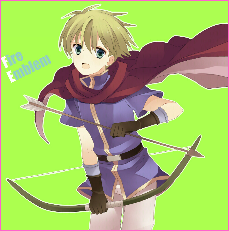 1boy arrow bow cape fire_emblem fire_emblem:_fuuin_no_tsurugi gloves green_eyes green_hair open_mouth solo tourin_fuwa wolt