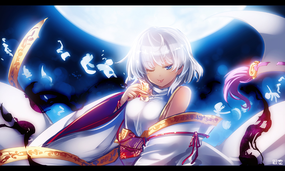 1girl bare_shoulders blue_eyes detached_sleeves full_moon japanese_clothes kariginu letterboxed looking_at_viewer mikoto_(sennen_sensou_aigis) moon one_eye_closed onmyouji ribbon-trimmed_sleeves ribbon_trim sennen_sensou_aigis shikigami short_hair tokiame tongue tongue_out white_hair wide_sleeves