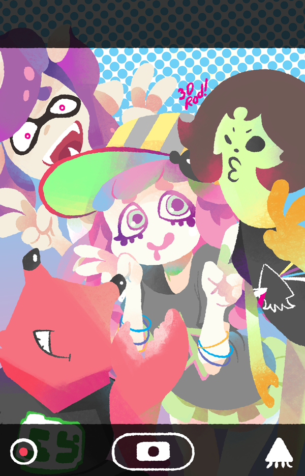 1girl 3boys 3d_rod! artist_name baseball_cap black_hair bracelet crab cren_shello domino_mask eyebrows fangs glenna_nalira green_eyes grin hat jewelry joe_booster keini_labiri mask multiple_boys one_eye_closed parody personification pincers pink_floyd pink_hair pouty_lips purple_hair saliva sea_anemone smile solid_circle_eyes splatoon squid thick_eyebrows v