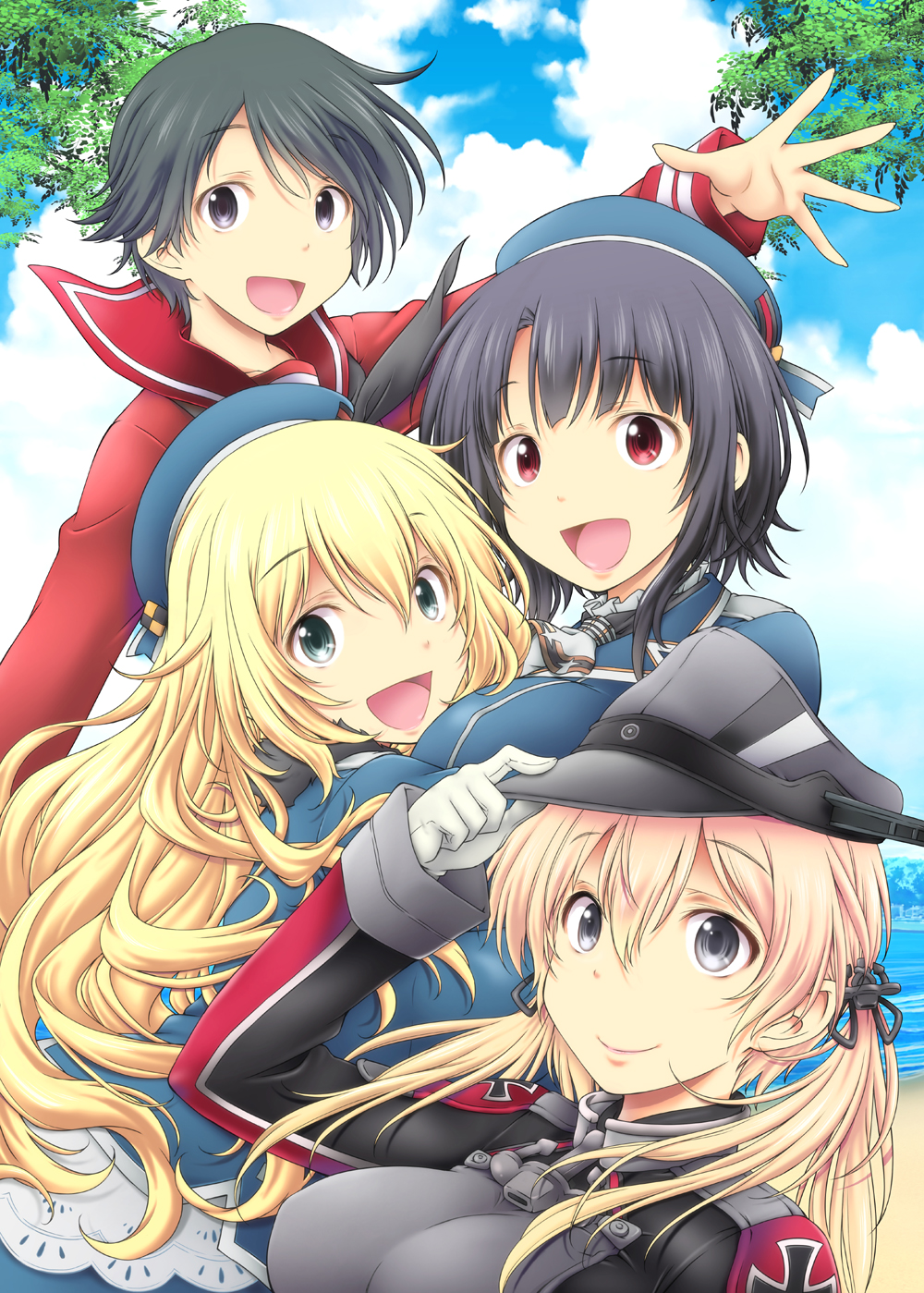 4girls anchor_hair_ornament ascot atago_(kantai_collection) beach beret black_eyes black_hair blonde_hair blue_headwear blue_sky breasts clouds day gloves grey_eyes hair_ornament hat highres horizon hug iron_cross iwami_kyuuto kantai_collection large_breasts leaf long_hair looking_at_viewer low_twintails military military_hat military_uniform mogami_(kantai_collection) multiple_girls ocean outdoors peaked_cap prinz_eugen_(kantai_collection) red_eyes red_sailor_collar red_shirt sailor_collar sailor_shirt school_uniform serafuku shirt short_hair sky takao_(kantai_collection) twintails uniform upper_body white_gloves white_neckwear