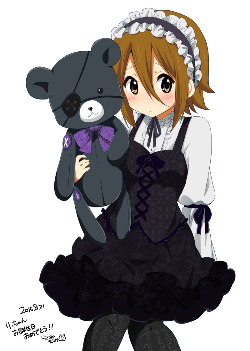 1girl bangs black_dress black_legwear blush brown_eyes brown_hair dress eyepatch frills gothic_lolita hair_between_eyes hairband happy_birthday k-on! lolita_fashion pantyhose ragho_no_erika ribbon short_hair simple_background solo stuffed_animal stuffed_toy tainaka_ritsu teddy_bear thigh-highs