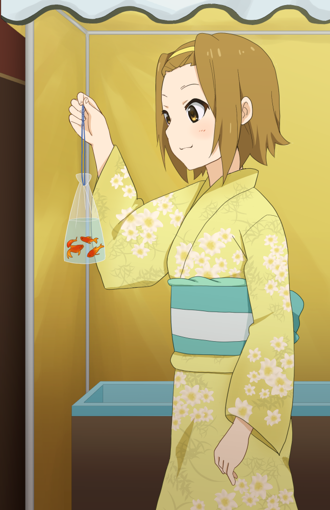 1girl brown_eyes brown_hair fish goldfish japanese_clothes k-on! kimono shizupu short_hair tainaka_ritsu yukata