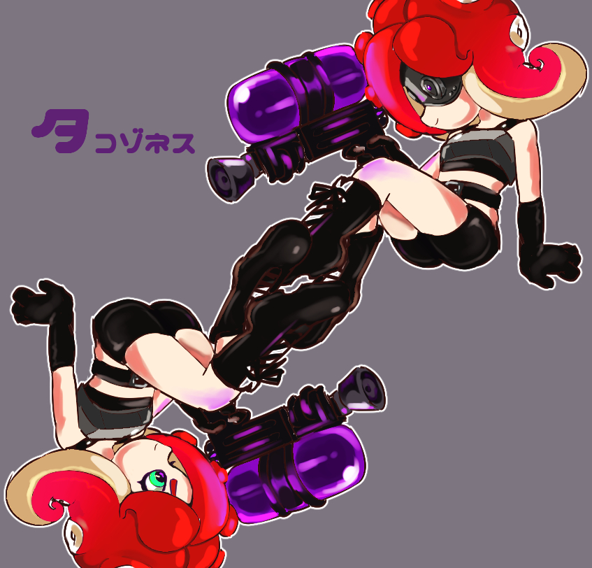 2girls aqua_eyes belt bike_shorts black_boots black_gloves boots breastplate cross-laced_footwear eyeliner gloves goggles goggles_removed kabyu lace-up_boots long_hair makeup multiple_girls octarian outline purple_background redhead simple_background smile splatoon super_soaker symmetry takozonesu tentacle_hair
