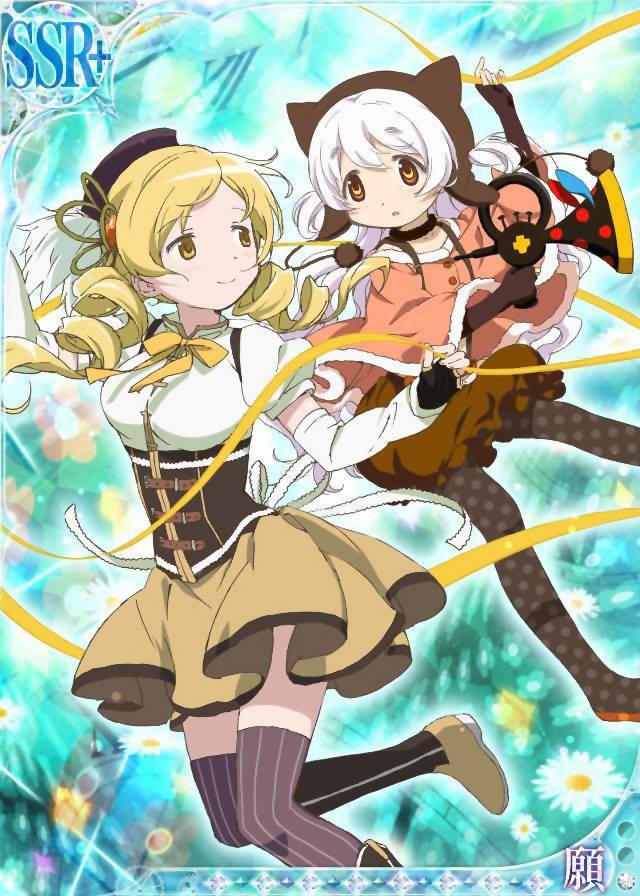 1girl 2girls animal_ears beanie beret blonde_hair boots brown_legwear bubble_skirt capelet corset detached_sleeves drill_hair fake_animal_ears fingerless_gloves fur_trim gloves gun hair_ornament hairpin hat instrument long_hair magical_girl magical_musket mahou_shoujo_madoka_magica mahou_shoujo_madoka_magica_movie momoe_nagisa multicolored_eyes multiple_girls musket official_art pleated_skirt polka_dot polka_dot_legwear pom_pom_(clothes) puffy_sleeves ribbon rifle ringed_eyes skirt smile striped striped_legwear suspenders thigh-highs tomoe_mami trading_card trumpet twin_drills twintails two_side_up vertical-striped_legwear vertical_stripes weapon white_hair yellow_eyes yellow_ribbon