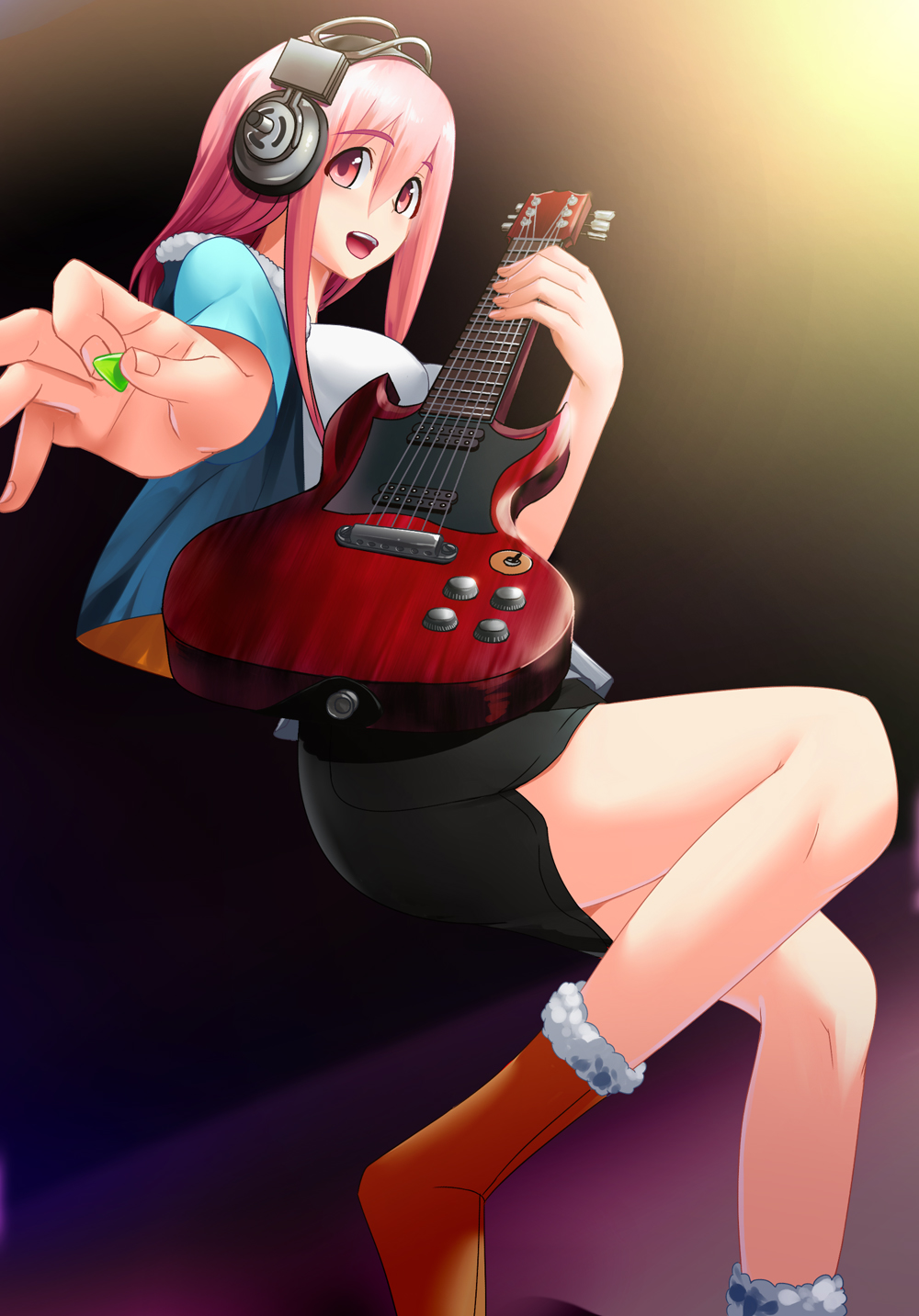 1girl blush breasts dyda electric_guitar guitar headphones highres instrument large_breasts long_hair looking_at_viewer nitroplus open_mouth pink_eyes pink_hair plectrum smile solo super_sonico unplugged