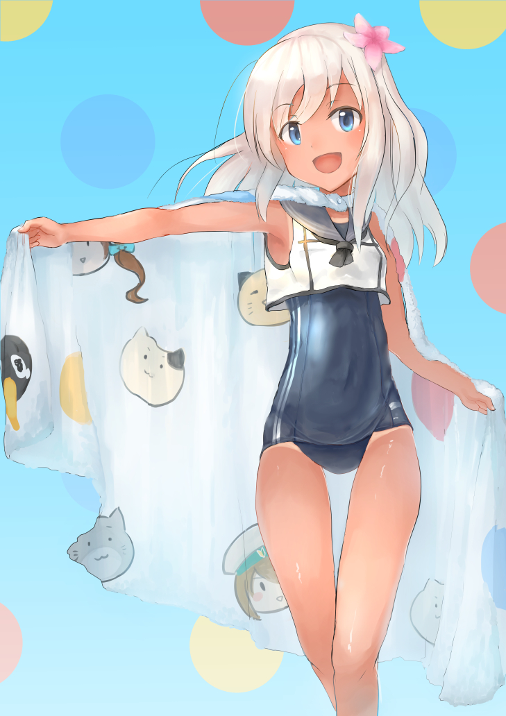 1girl blonde_hair blue_eyes cape crop_top flower hair_flower hair_ornament kantai_collection long_hair one-piece_tan ro-500_(kantai_collection) sailor_collar school_swimsuit swimsuit swimsuit_under_clothes tan tanline yagihachi