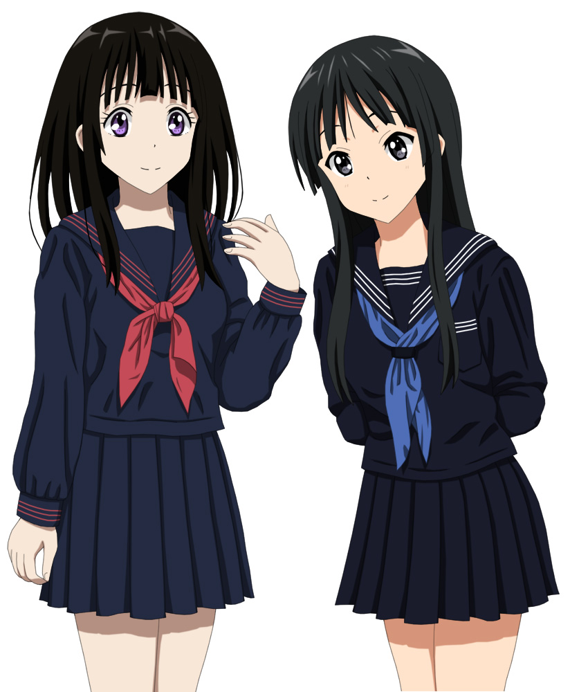 1girl 2girls akiyama_mio black_eyes black_hair chitanda_eru company_connection cp9a crossover female hyouka k-on! kyoto_animation long_hair multiple_girls school_uniform serafuku violet_eyes