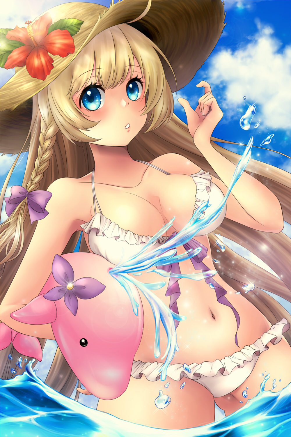 1girl artist_request bikini blonde_hair blue_eyes braid breasts character_request cleavage clouds dolphin flower frilled_bikini frills hair_ribbon hat hat_flower highres long_hair looking_at_viewer rabbi ribbon sun_hat swimsuit sword_girls wading water white_bikini white_swimsuit
