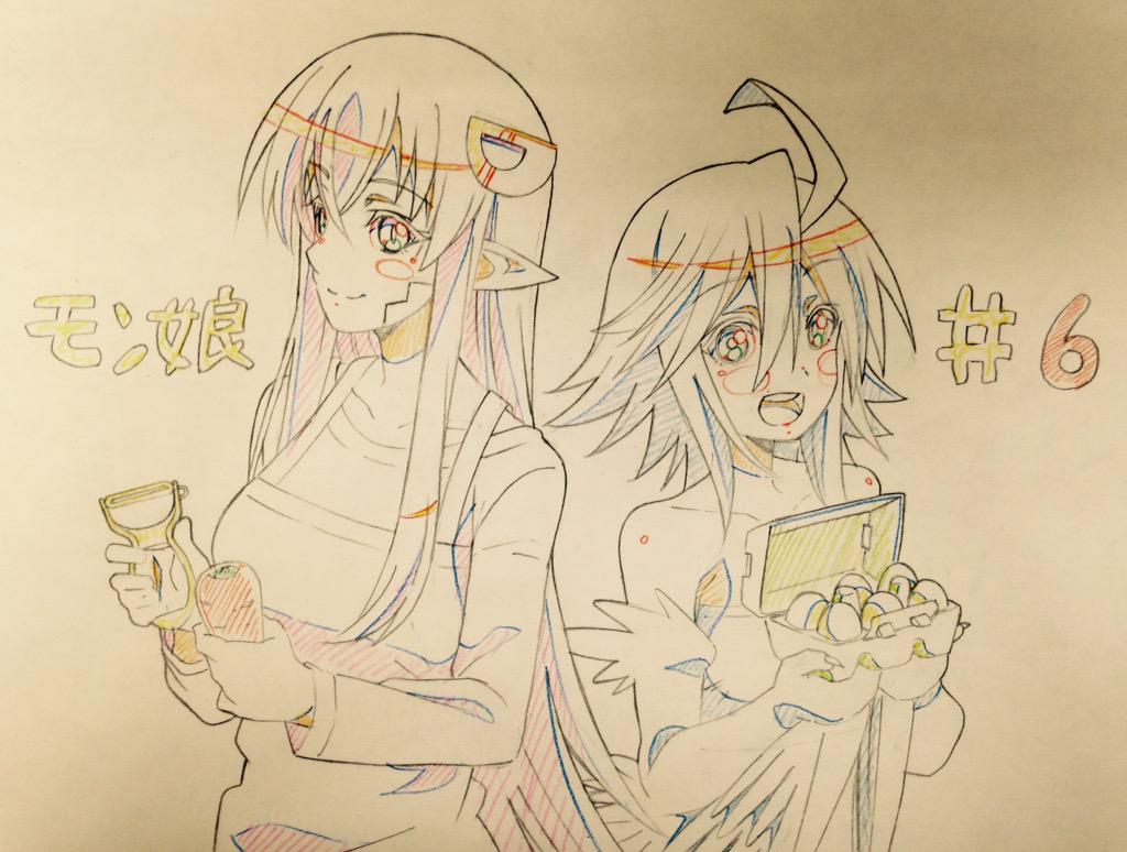 2girls :d ahoge apron bare_shoulders blush_stickers carrot collarbone egg egg_carton feathered_wings hair_ornament hairclip harpy kueru_(yuuki_tamerawanai) lamia long_hair miia_(monster_musume) monster_girl monster_musume_no_iru_nichijou multiple_girls open_mouth papi_(monster_musume) peeler pointy_ears scales sketch slit_pupils smile traditional_media upper_body wings