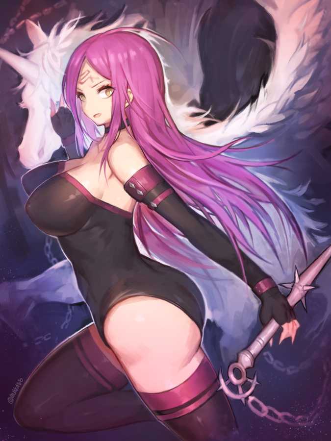 1girl bare_shoulders black_legwear breasts elbow_gloves fate/stay_night fate_(series) fingerless_gloves gloves large_breasts long_hair looking_at_viewer mukka pink_hair rider solo thigh-highs thighs yellow_eyes
