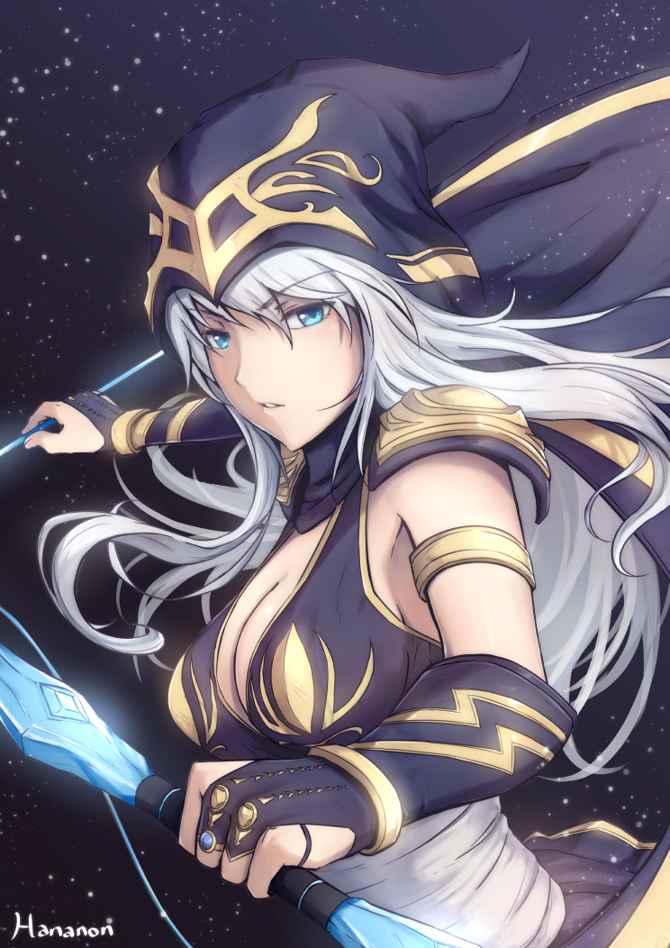 ashe_(league_of_legends) blue_eyes bow_(weapon) breasts bridal_gauntlets cleavage hananon hood league_of_legends long_hair silver_hair weapon