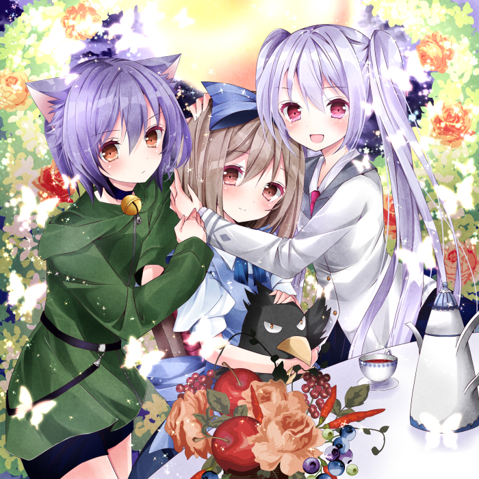 3girls album_cover animal_ears apple bell bell_collar bird blue_hair bow brown_eyes brown_hair cat_ears chili collar commentary_request cover cup flower food fruit grey_eyes hair_bow long_hair long_sleeves multiple_girls nanase_nao official_art open_mouth oriental_umbrella original pink_eyes puffy_short_sleeves puffy_sleeves rose short_sleeves smile table teacup teapot twintails umbrella very_long_hair