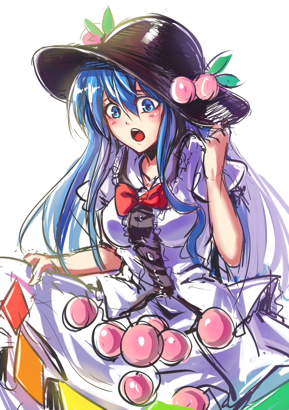 1girl apron black_hat blouse blue_dress blue_eyes blue_hair blush bowtie breasts buttons dress food fruit hat highres hinanawi_tenshi koissa long_hair looking_at_viewer open_mouth peach rainbow_order short_sleeves simple_background sketch skirt_hold solo touhou upper_body white_background white_blouse