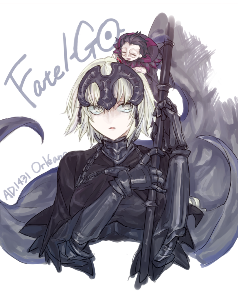 1girl armor blonde_hair braid caster_(fate/zero) chibi dark_persona fate/apocrypha fate/grand_order fate/zero fate_(series) flag gauntlets headpiece jeanne_alter long_hair ruler_(fate/apocrypha) shokushu_no_iru_seikatsu single_braid solo yellow_eyes