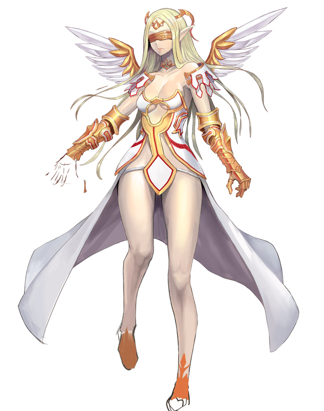 1girl bare_shoulders blindfold blonde_hair breasts character_request cleavage copyright_request gauntlets hidezi long_hair simple_background solo white_background wings