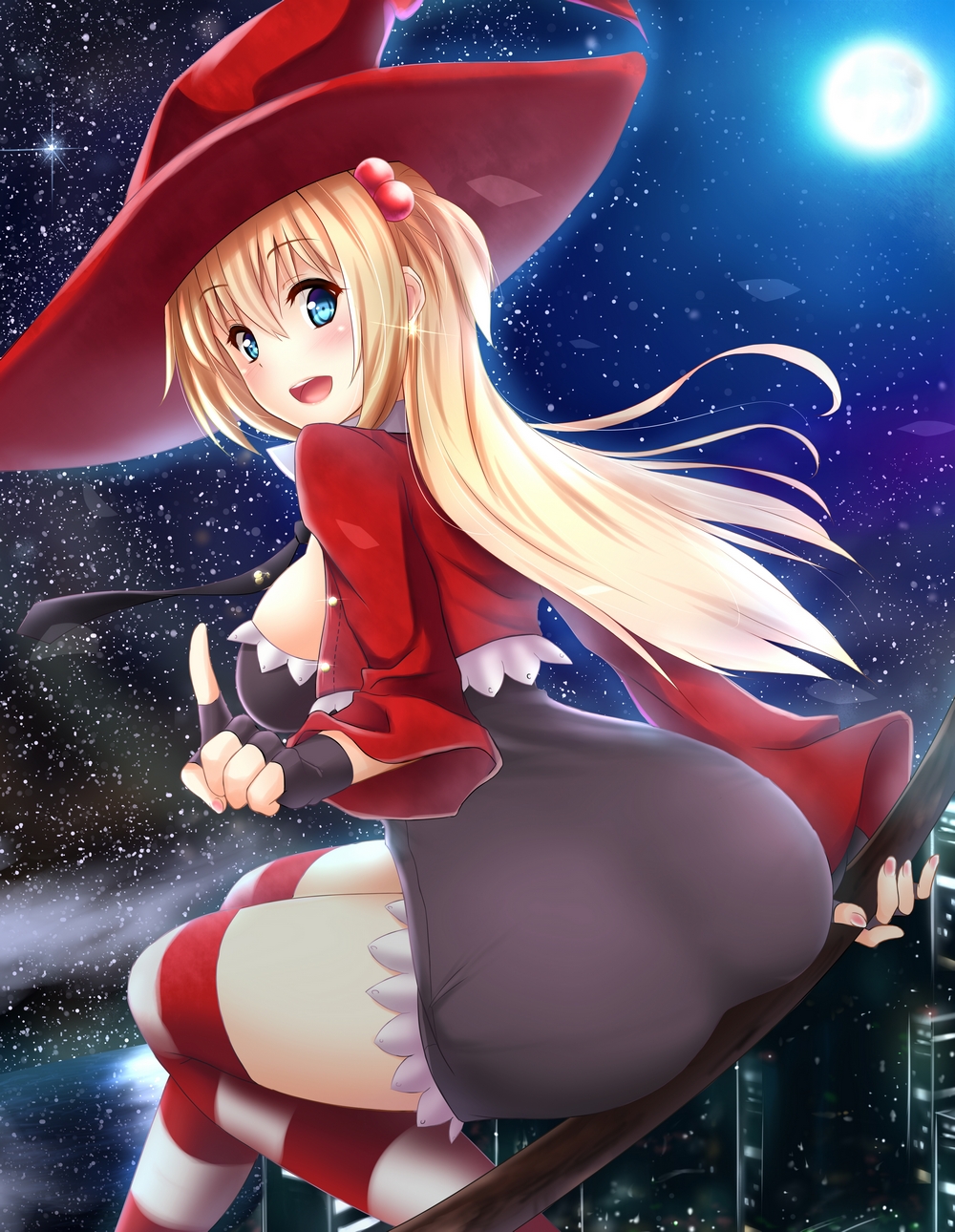 1girl anakin_sky_(utcc) ass blonde_hair blue_eyes blush breasts broom female fingerless_gloves gloves hair_ornament hat highres long_hair looking_at_viewer looking_back moon necktie night original sitting sky smile solo star star_(sky) starry_sky striped striped_legwear thighs witch_hat