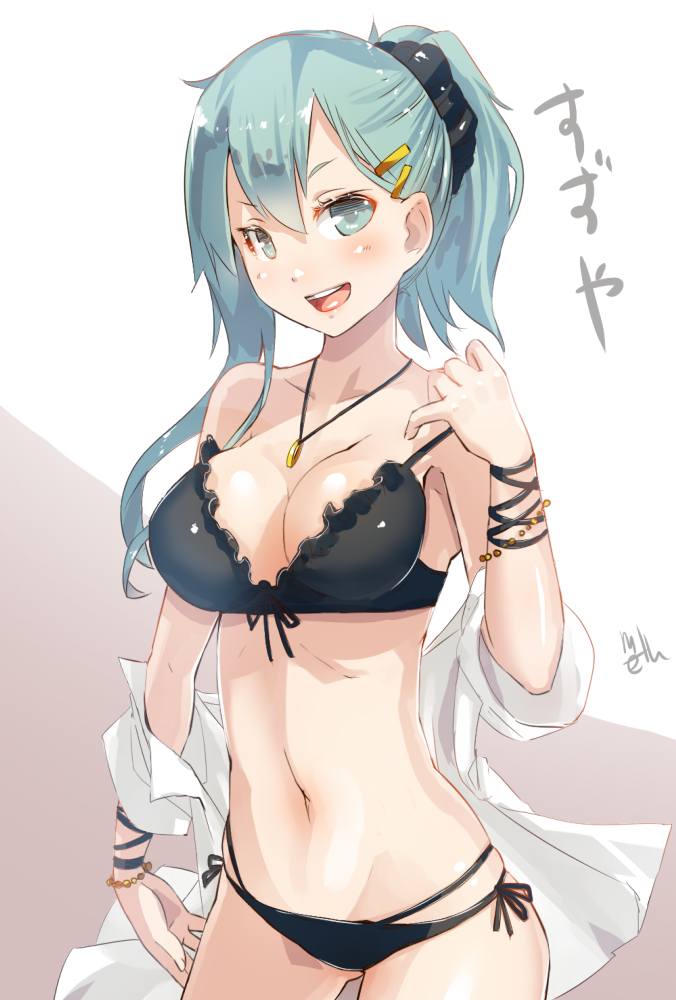 &gt;:d 1girl :d aqua_eyes aqua_hair bikini bracelet breasts hair_ornament hairclip jewelry kantai_collection long_hair looking_at_viewer meth_(emethmeth) navel necklace open_mouth ponytail side-tie_bikini smile solo suzuya_(kantai_collection) swimsuit