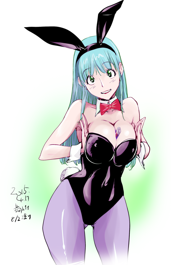 1girl animal_ears blue_hair bowtie breasts bulma bunny_tail bunnysuit cleavage detached_collar detached_sleeves dragon_ball green_eyes konkitto lighter long_hair pantyhose rabbit_ears tail wrist_cuffs