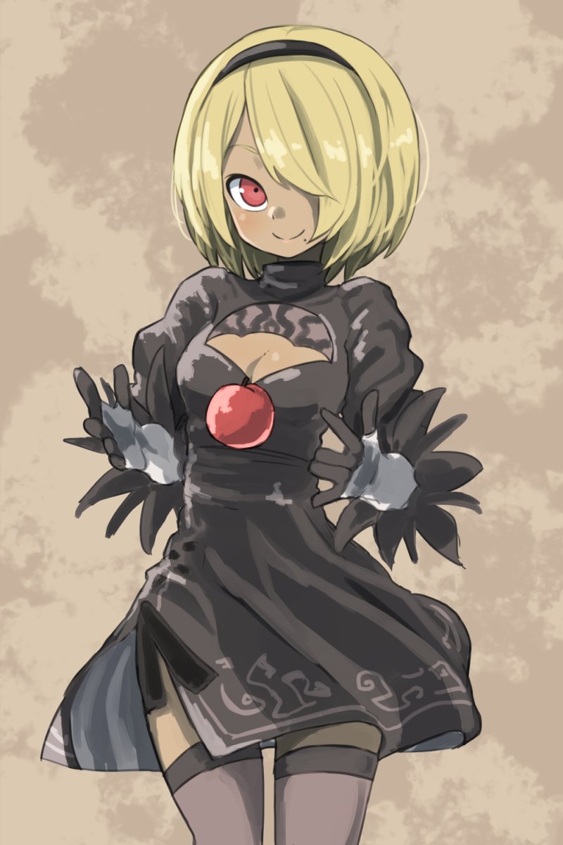 1girl apple black_dress black_legwear blonde_hair cosplay dark_skin dress food fruit gazacy_(dai) gloves gravity_daze hair_over_one_eye hairband highres kitten_(gravity_daze) levitation nier_(series) nier_automata red_eyes short_hair smile solo thigh-highs yorha_no._2_type_b yorha_no._2_type_b_(cosplay) zettai_ryouiki