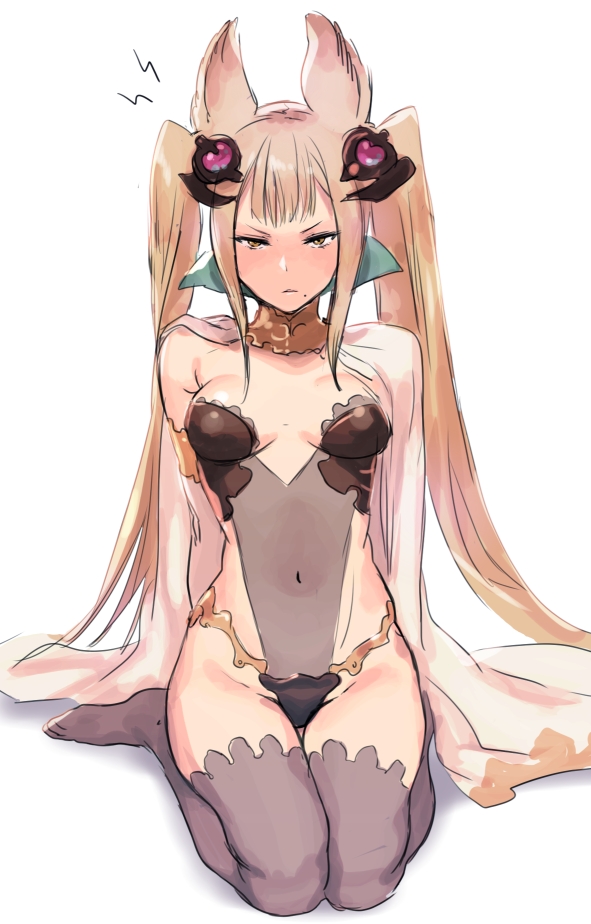 1girl arms_behind_back blonde_hair breasts breasts_apart cape full_body gorget granblue_fantasy grey_legwear long_hair looking_at_viewer maebari medium_breasts metella_(granblue_fantasy) mole mole_under_mouth natsuhiko navel see-through seiza sidelocks sitting solo thigh-highs thighs twintails two_side_up wariza
