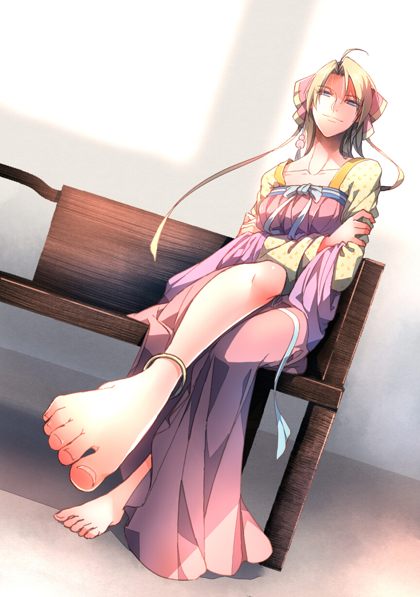 1girl anklet barefoot bench blonde_hair blue_eyes crossed_arms dress earrings feet highres jewelry looking_at_viewer original pov_feet smile tied_hair toes victorian