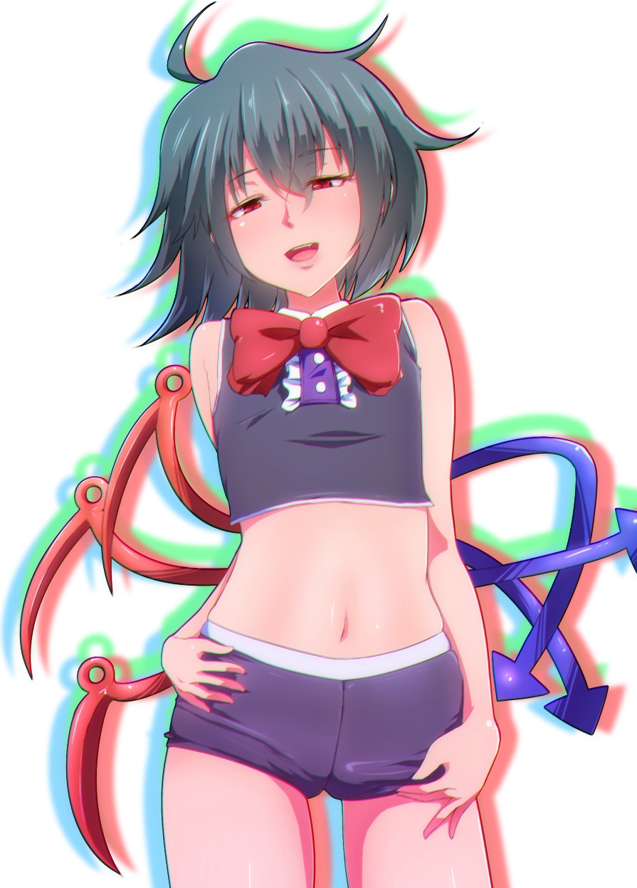 1girl adapted_costume anaglyph asymmetrical_wings black_hair bow crop_top highres houjuu_nue midriff navel open_mouth red_eyes shirt shorts sleeveless sleeveless_shirt smile solo tenyunkel touhou wings