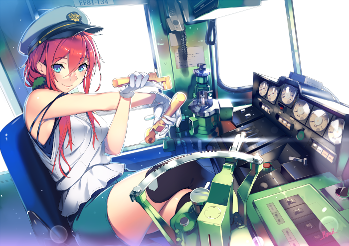 1girl black_legwear blue_eyes gloves hat long_hair looking_at_viewer original redhead shoken_narai smile solo thigh-highs train train_interior visor_cap white_gloves