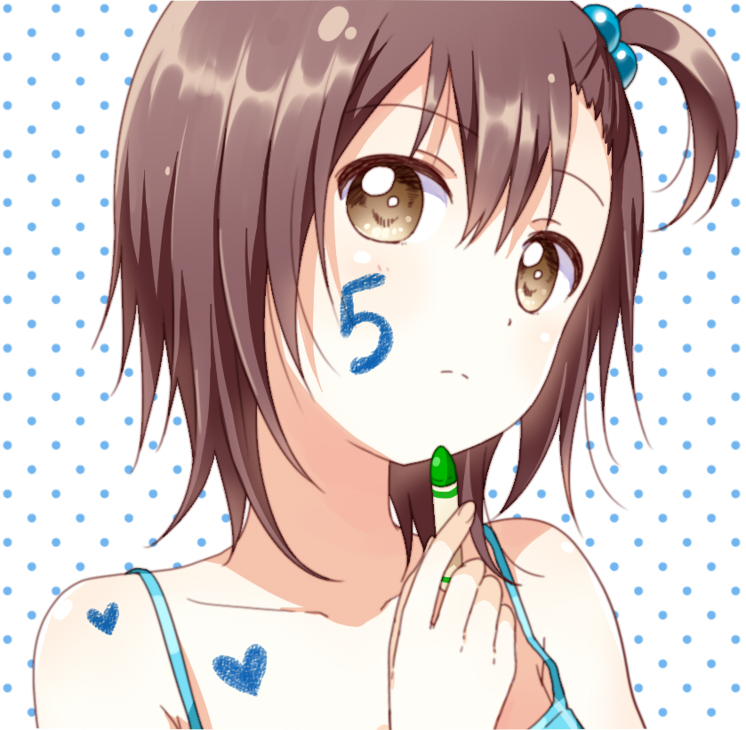 1girl alternate_hairstyle brown_eyes brown_hair casual collarbone countdown crayon funami_yui hair_bobbles hair_ornament marking_on_cheek namori one_side_up polka_dot polka_dot_background solo yuru_yuri