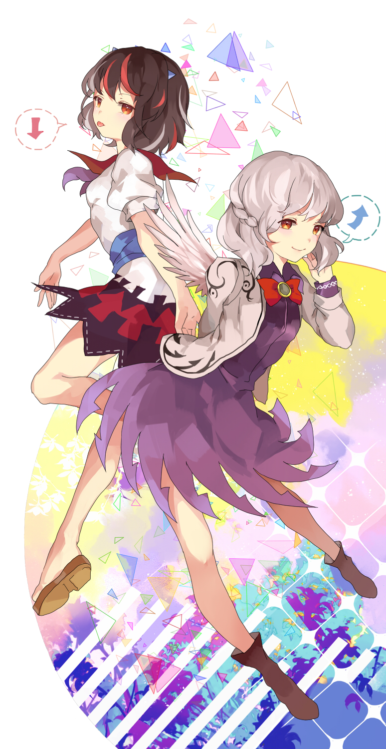 2girls black_hair dress highres hillly_(maiwetea) horns jacket kijin_seija kishin_sagume legacy_of_lunatic_kingdom long_sleeves multicolored_hair multiple_girls open_clothes open_jacket print_dress puffy_short_sleeves puffy_sleeves purple_dress red_eyes sash short_sleeves silver_hair single_wing smile streaked_hair tongue tongue_out touhou wings