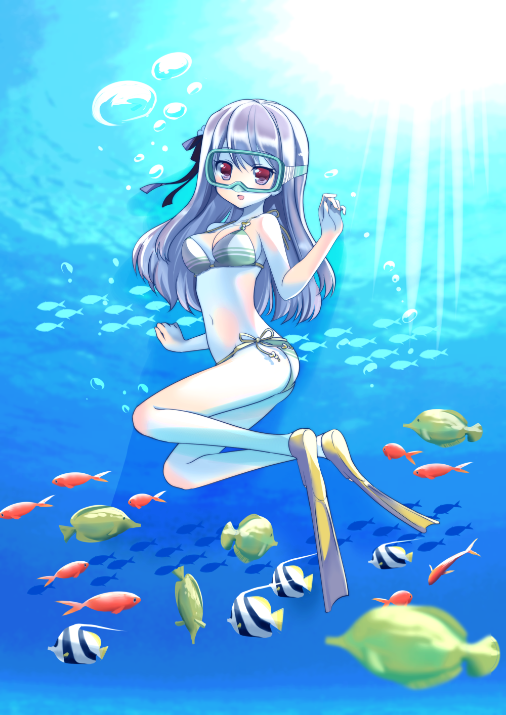 1girl bikini bubble diving diving_mask fish flippers freediving hidamari_sketch highres holding_breath long_hair looking_at_viewer ocean quro_(black_river) red_eyes silver_hair swimming swimsuit underwater