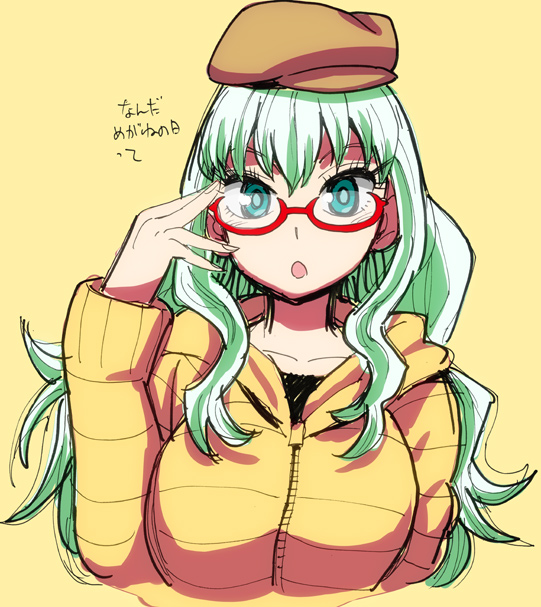 1girl adjusting_glasses anima_(samidare) aqua_eyes bespectacled breasts casual check_translation glasses green_hair hat hoodie hoshi_no_samidare large_breasts long_hair looking_at_viewer mizukami_satoshi open_mouth red-framed_glasses semi-rimless_glasses solo translation_request under-rim_glasses yellow_background