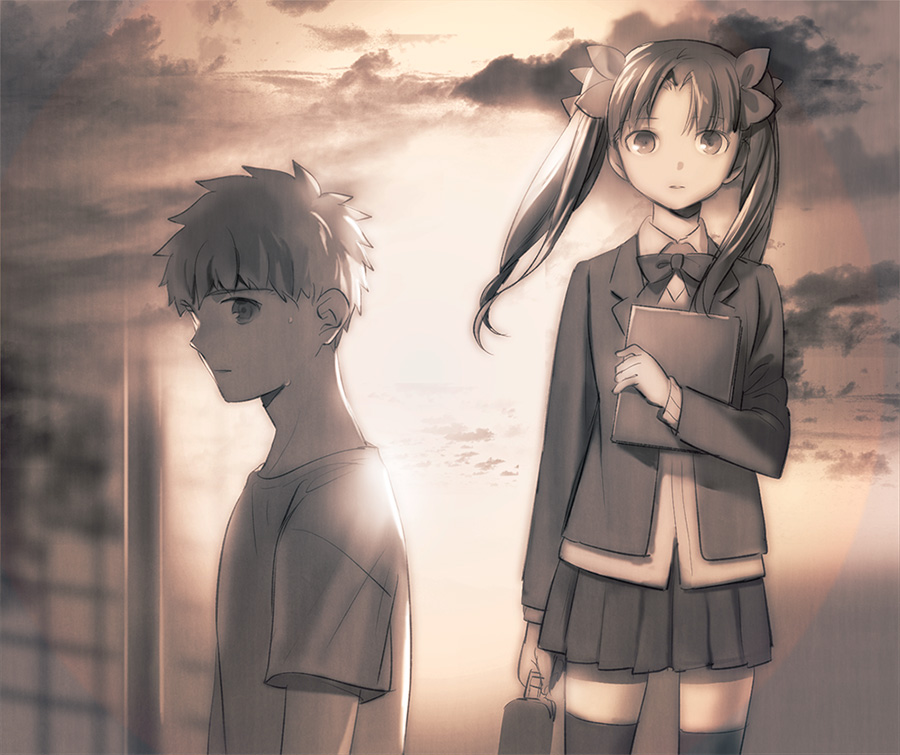 1boy 1girl book emiya_shirou fate/stay_night fate/zero fate_(series) lunchbox monochrome tam_(cuq) tohsaka_rin toosaka_rin twintails younger