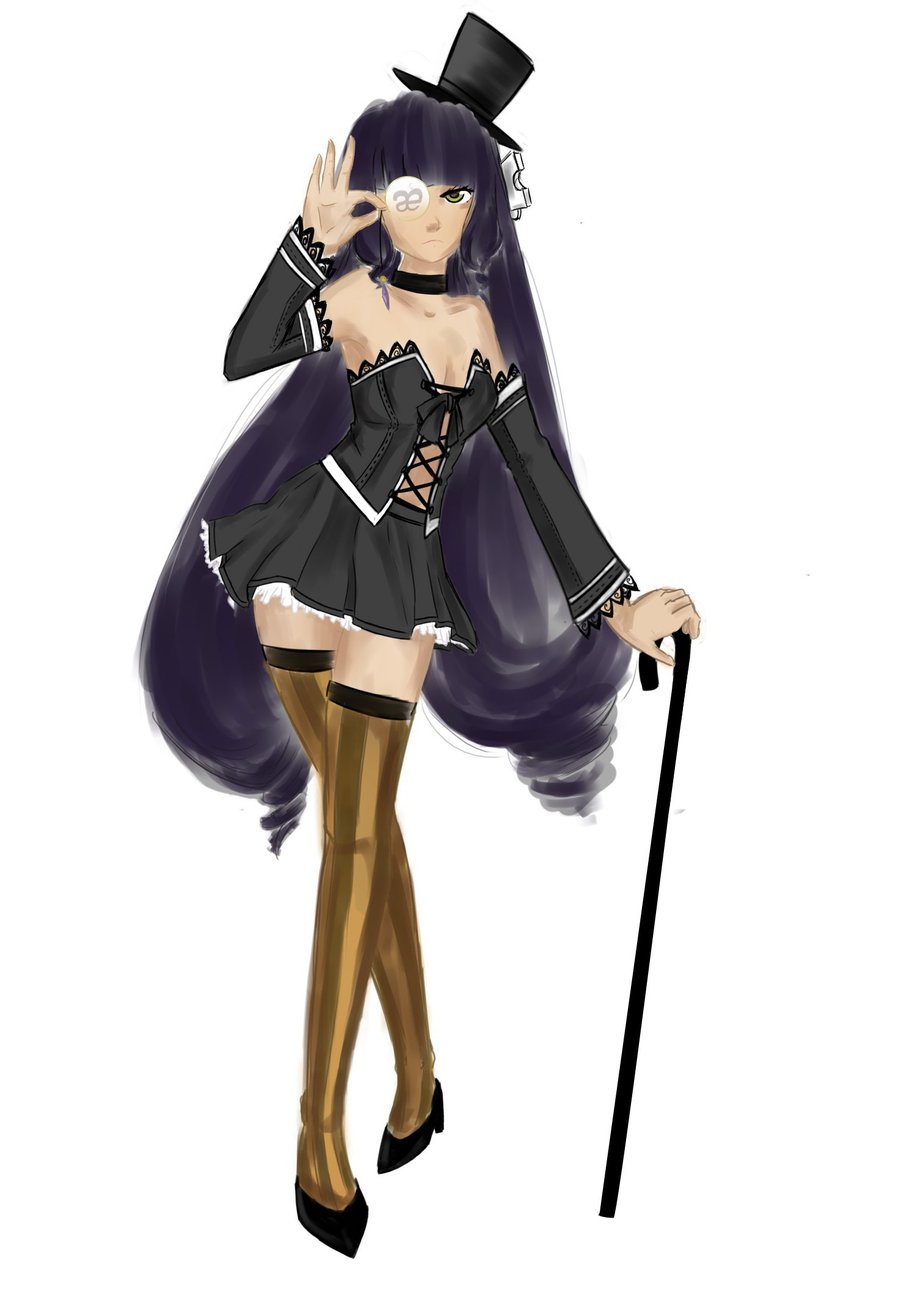 ae-tan black_hair black_skirt cane long_hair monocle skirt stockings thigh-highs thigh-highs top_hat