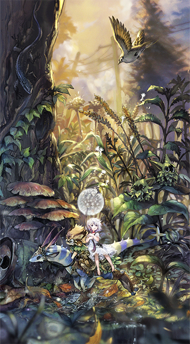 1girl animal bird can clouds dandelion dress fantasy flower grey_eyes holding holding_flower leaf lizard minigirl murayama_ryouta nature outdoors plant power_lines reptile riding short_hair shoujo_to_mizetto sky soda_can tree water white_dress white_hair