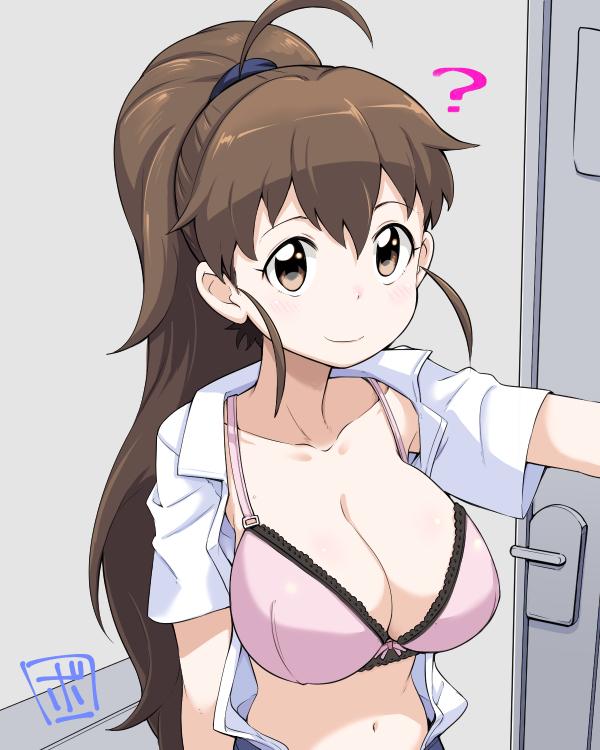 1girl ? bowieknife bra breasts brown_eyes brown_hair large_breasts long_hair open_clothes open_shirt ponytail shirt taneshima_popura underwear working!!