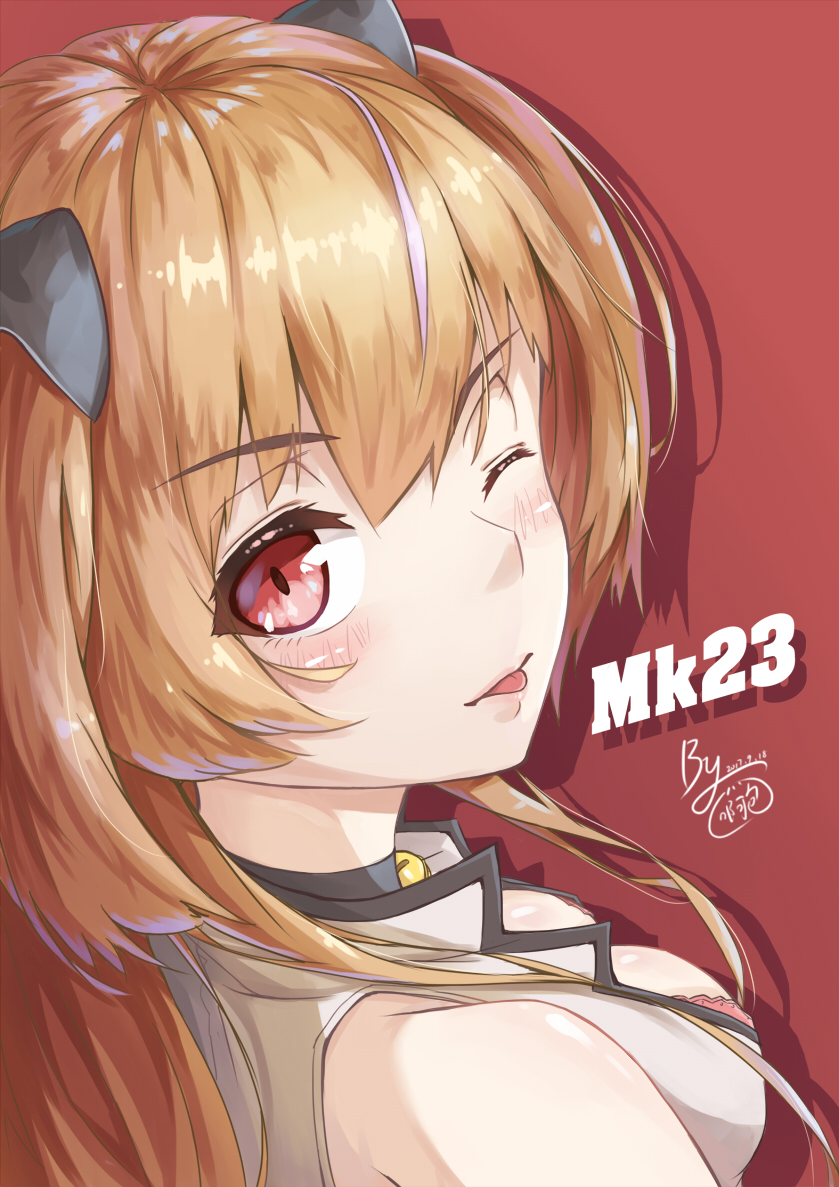 1girl :p animal_ears artist_request bangs bare_shoulders bell bell_choker blue_eyes blush bra breasts brown_hair cat_ears character_name choker cleavage collared_jacket earrings eyebrows_visible_through_hair eyes_visible_through_hair from_behind girls_frontline hair_over_shoulder heart heart_earrings heterochromia jacket jewelry lace lace-trimmed_bra large_breasts lingerie long_hair looking_at_viewer looking_back mk_23_(girls_frontline) multicolored_hair nape one_eye_closed pink_bra red_background red_eyes signature simple_background smile solo streaked_hair tongue tongue_out two_side_up underwear