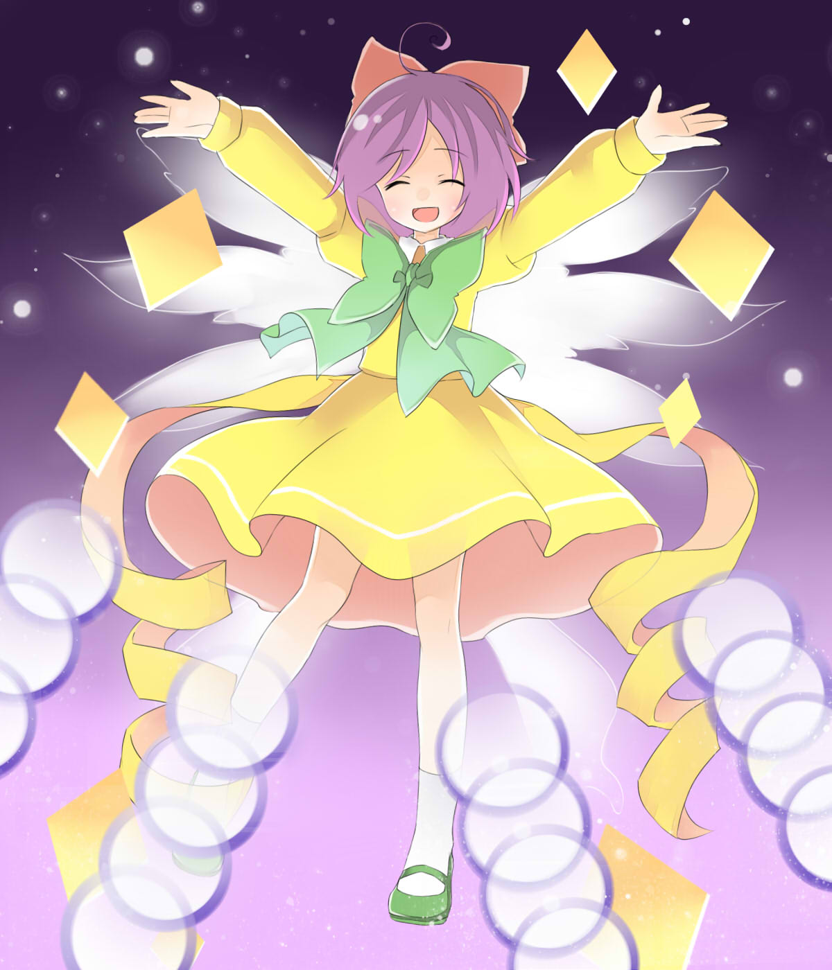 bow closed_eyes danmaku dress ellipsis_(mitei) gradient gradient_background green_bow green_shoes hair_bow highres light_particles long_sleeves open_mouth red_bow rengeteki shoes simple_background smile socks touhou touhou_(pc-98) white_legwear wings yellow_dress