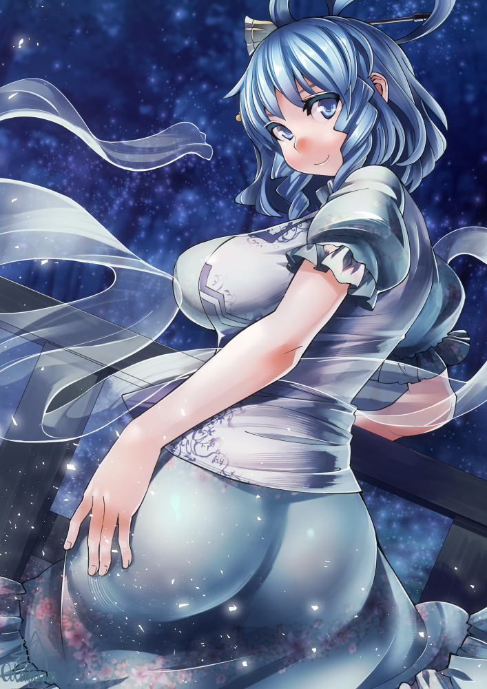 1girl ass blue_dress blue_eyes blue_hair breasts dress floral_print hair_ornament hair_rings hair_stick kaku_seiga large_breasts looking_at_viewer looking_back open_clothes open_vest puffy_short_sleeves puffy_sleeves shawl short_sleeves smile solo touhou umigarasu_(kitsune1963) vest