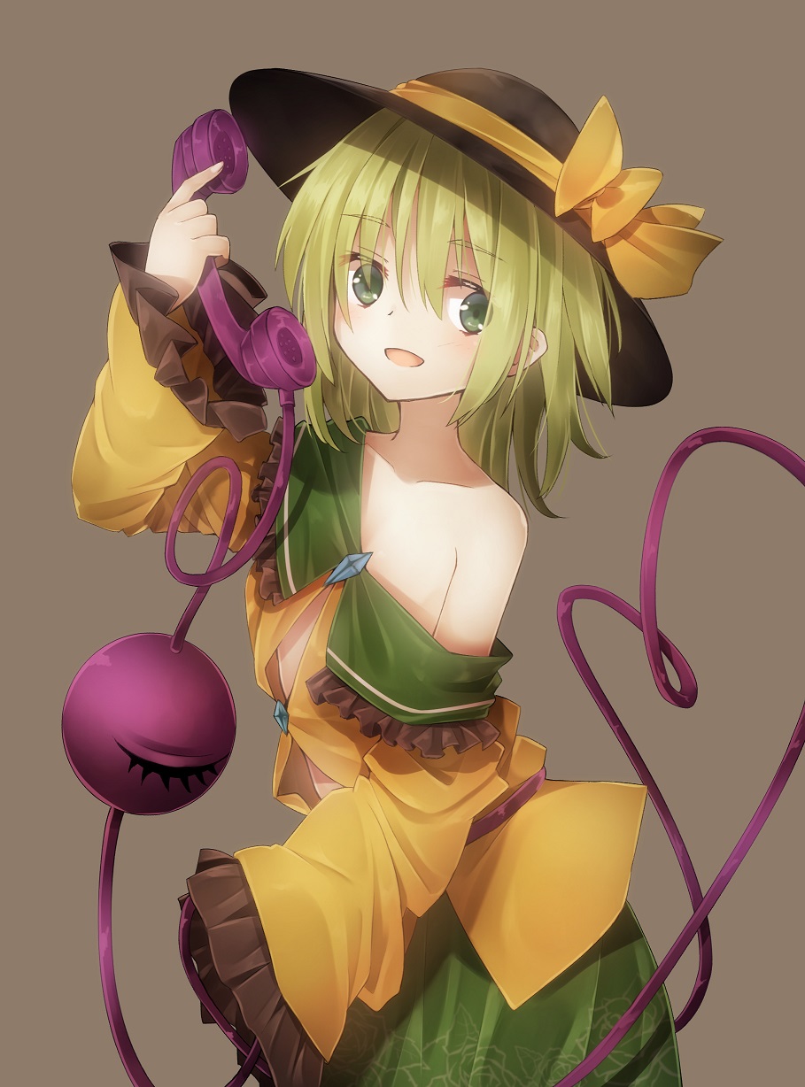 1girl bow collarbone flat_chest floral_print green_eyes green_hair hat hat_bow highres komeiji_koishi long_sleeves minamina off_shoulder open_clothes open_mouth open_shirt phone shirt skirt solo third_eye touhou wide_sleeves