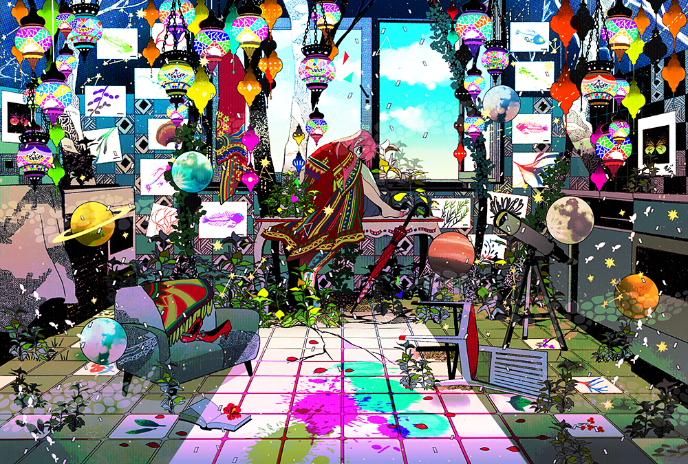 1girl barefoot colorful confetti couch furniture high_heels interior lantern leg_hug long_hair magatan original painting_(object) pink_hair planet plant room roomscape scenery shoes_removed sitting solo surreal telescope umbrella vines