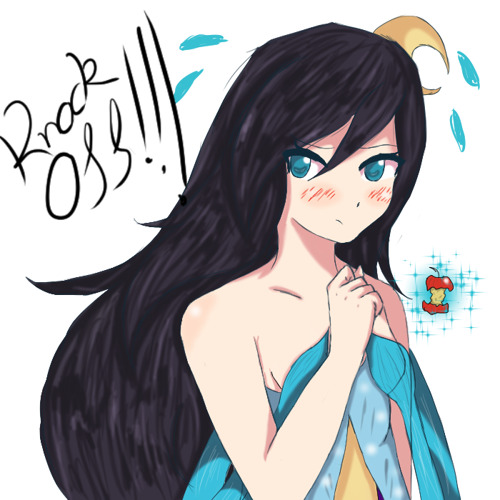 1girl bare_shoulders black_hair blue blue_eyes blush closed_mouth cresselia fear gijinka leftovers long_hair magiakarta nintendo personification pokemon pokemon_move psychic_type shiny solo