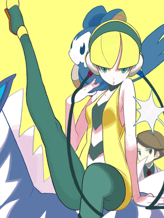 1boy 1girl blonde_hair blue_eyes brown_eyes brown_hair emolga kamitsure_(pokemon) pantyhose pokemon pokemon_(creature) pokemon_(game) pokemon_bw yuuki_(irodo_rhythm) zebstrika