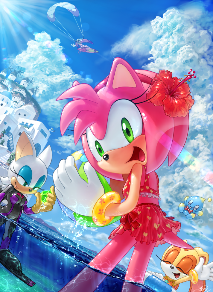 3girls amy_rose beach bikini chao cream_the_rabbit looking_at_viewer ocean rouge_the_bat smile sonic_the_hedgehog swimsuit wave_the_swallow