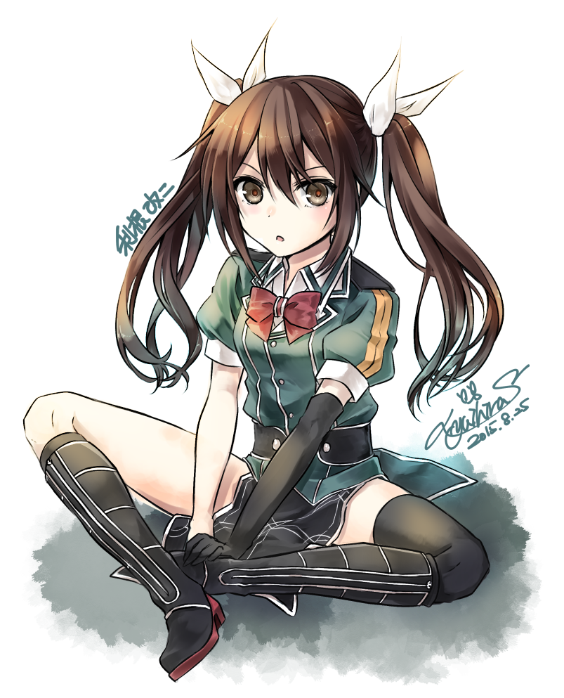 1girl black_boots black_legwear blush boots bowtie brown_eyes brown_hair dated dress hair_between_eyes hair_ribbon indian_style kantai_collection long_hair military military_uniform pelvic_curtain remodel_(kantai_collection) ribbon short_dress side_slit signature simple_background single_elbow_glove single_thighhigh sitting solo thigh-highs tone_(kantai_collection) twintails uniform white_background yuihira_asu