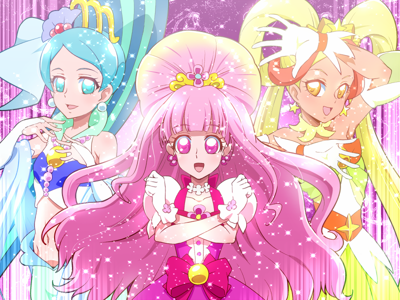 3girls :d blonde_hair blue_eyes blue_hair bow bridal_gauntlets brooch chieri_(go!_princess_precure) crop_top detached_collar earrings flower flower_necklace gloves go!_princess_precure hair_bun hair_ornament hair_ribbon hair_rings jewelry long_hair magical_girl midriff multiple_girls navel necklace open_mouth pink_bow pink_eyes pink_hair precure previous_cure_flora previous_cure_mermaid previous_cure_twinkle purple_background ribbon sei_(go!_princess_precure) skirt smile star star_earrings tj-type1 twintails white_gloves yellow_eyes yellow_skirt yura_(go!_princess_precure)